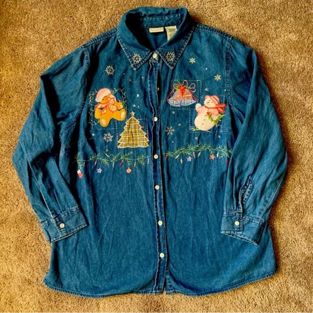 Women's 16W Denim Christmas Tree  Embroidered Snowman  90s Button Down VTG Shirt